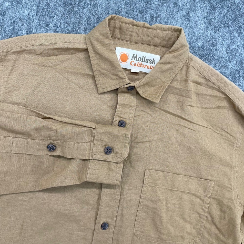 Mollusk California Shirt Mens Small Beige Cotton Blend Long Sleeve Button Down